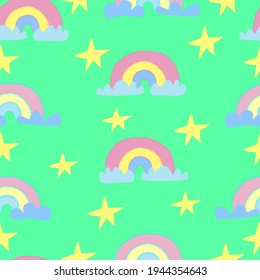 Rainbow pattern with clouds and stars. Vector seamless pattern for children, fabrics, clothes, wallpaper, nursery. Hand drawing