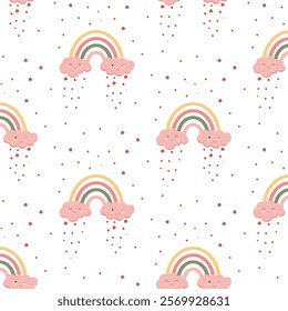 Rainbow pattern and clouds with strawberry rain. On a transparent background.