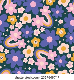 Rainbow pattern and cute daisies in a funky retro style