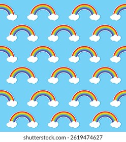 Rainbow pattern isolated on blue sky background. Rainbow icon. Clouds and rainbow icon vector style design.