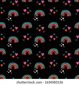 Rainbow pattern. Kid's hand drawn multi color rainbow.  Vector seamless pattern. Artistic textural style.