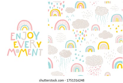 Regenbogenmuster und Schriftzeichen. Genieße jeden Moment. Vektorhandgezeichnete Cartoon-Illustration im skandinavischen Stil in einer Pastellpalette. Ideal für Babybekleidung, Textilien, Verpackung.