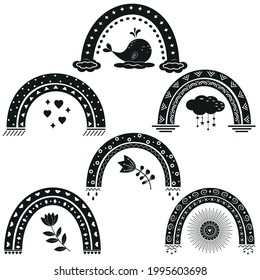 Rainbow pattern set, black stencil, vector illustration