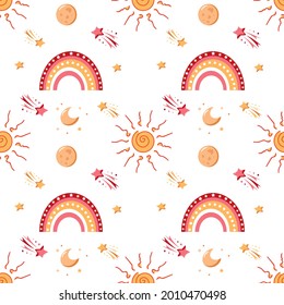 rainbow pattern, sun, moon, stars in ethnic style in warm shades - red, yellow, orange
