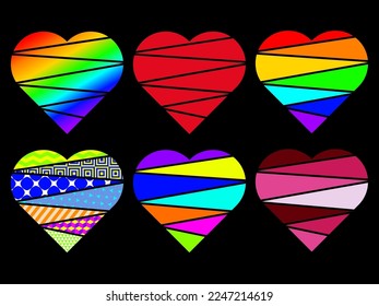 Colección de ilustraciones cardiacas con patrones de arcoiris, conjunto de iconos de símbolo de amor, vector de símbolo de amor.