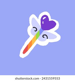 Rainbow patterned magic wand sticker. Stick with heart, wings. LGBT pride flag sign. LGBTQ symbol. Freedom in homosexual love, bisexual amour concept. Flat hand drawn isolated vector illustration