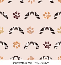 Rainbow and paw prints symbol. Kids, baby shower, t-shirt, fabric textile design for children textile design seamless pattern