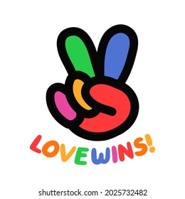 Rainbow peace hippie gesture. Love wing quote slogan. Vector hand drawn cartoon illustration icon. Peace, love, gay, lgbt friendly print for t-shirt,poster concept
