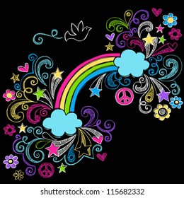 Rainbow and Peace Sign Dove Back to School Sketchy Notebook Doodles with Stars and Swirls- Hand-Drawn Vector Illustration Design Elements on Lined Sketchbook Paper Background