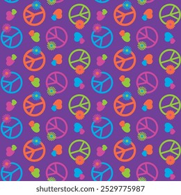 Rainbow peace sign seamless pattern in watercolor ink
