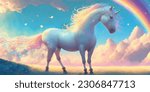 Rainbow Pegasus pony horse unicorn on field of Eden heaven. Kawaii cute fairy tale sweet dreamy cartoon light pastel fluffy clouds sky with stars.Baby nursery wall design.Childish wallpaper for kids.