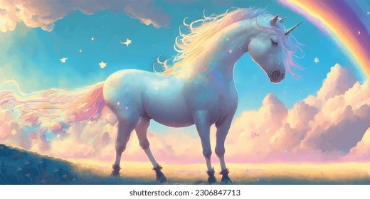 Rainbow Pegasus pony horse unicorn on field of Eden heaven. Kawaii cute fairy tale sweet dreamy cartoon light pastel fluffy clouds sky with stars.Baby nursery wall design.Childish wallpaper for kids.