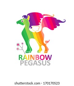 Rainbow Pegasus. Symbol pegasus rainbow colors with a sprig.