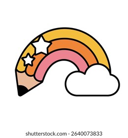 Rainbow Pencil with Stars and Cloud Hand Drawn Illustration