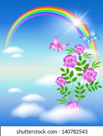 Rainbow, peonies and butterflies
