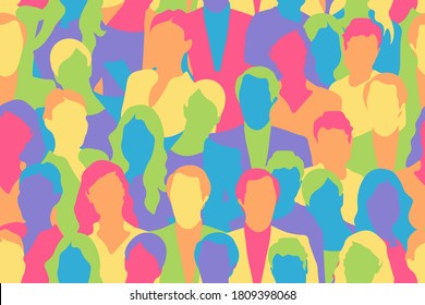 Rainbow people lgbt people crowd abstract seamless pattern. Repetitive rainbow coloured abstract vector illustration of portraits crowd. EPS10.