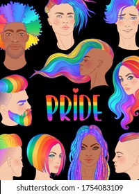 Gente arcoiris. Diseño de afiches LGBT. Orgullo gay. El concepto LGBTQ y la diversión. Ilustración colorida vectorial aislada. Pegatina, parche, estampado de camisetas, tarjeta de saludo, banner.