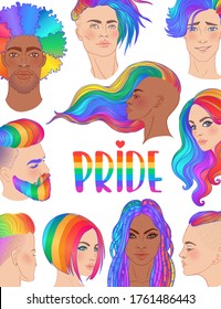 Rainbow people. LGBT poster design. Gay Pride. LGBTQ ad divercity concept. Isolated vector colorful illustration. Sticker, patch, t-shirt print, greeting card, banner.