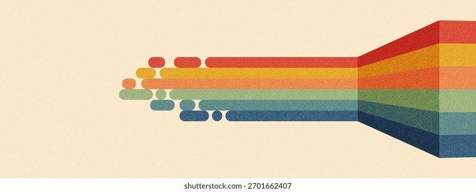 Regenbogen Perspektive grafischer Hintergrund. Texturierte, verblasste, parallele Streifen in groovigen Farben. Wirkung einer volumetrischen Wand. Moderner Pop Art Print oder klassisches 3D-Poster Cover.