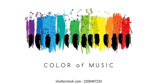 Rainbow piano keys with notes. Colorful music conceptual vector composition with splash paint elements. Design element for concert, holiday or festival.