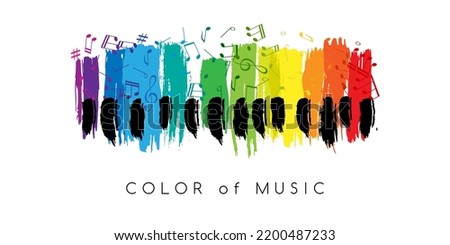 Rainbow piano keys with notes. Colorful music conceptual vector composition with splash paint elements. Design element for concert, holiday or festival.