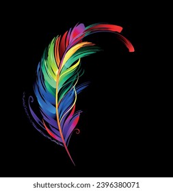 Rainbow, picturesque feather, painted with large strokes of fluorescent paint on black background. Expressive drawing with luminous paint. Hand drawn vector art.