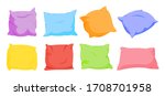 Rainbow pillow flat cartoon set. Home interior soft textile. Seven color square pillows mockup template. Feather, bamboo eco fabric. Colorful cushion design. Isolated on white vector illustration