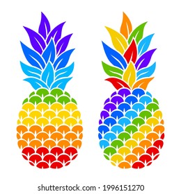 Rainbow pineapple. Flat style. LGBTQ. Color vector illustration. Hand-drawn. Isolated on white background. Bright decorative pineapples for your design, printing on t-shirts,mugs,card.