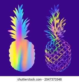 Rainbow Pineapple Isolated on Purple Background. Vector Illustration for Your Design.