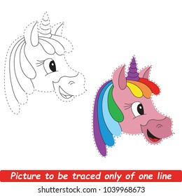 Rainbow Pink Unicorn to be traced only of one line, the tracing educational game to preschool kids with easy game level, the colorful and colorless version.