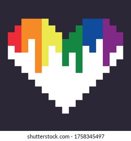 Rainbow Pixel Art Heart Shape Isolated on Purple Background Vector Illustration. Red, Orange, Yellow, Green, Blue, Purple