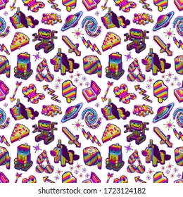 Rainbow pixel art stickers collection. Set of different labels. Saturn planet, spiral galaxy and toilet paper. Ice cream and cake, unicorn and robots. Butterfly, cherry and treasure chest for luck.