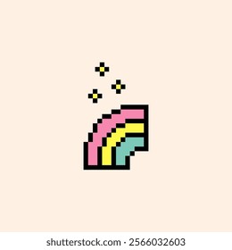 Rainbow pixel art style icon. Colorful retro sticker. Rainbow emoji. Editable pixel vector illustration. Cute badge. Game abstract element. Y2k modern geometric shape for collage, poster. Mood of 90s