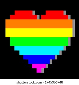 regenbogenfarbenes Pixelherz mit Schatten auf schwarzem Hintergrund