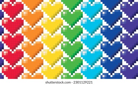 Rainbow pixel hearts seamless vector pattern