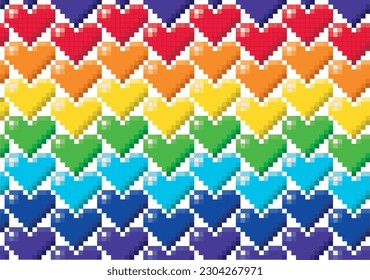 Rainbow pixel hearts seamless vector pattern horizontal colours, lgbtq flag, pride. 