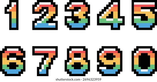 Rainbow Pixel Numbers Set – Colorful 8-bit Font for Retro Game and Digital Design