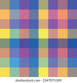 Rainbow plaid. Seamless tartan pattern. Cell. Suitable for fashion textiles and graphics, packaging. the Madras palette. Vector.