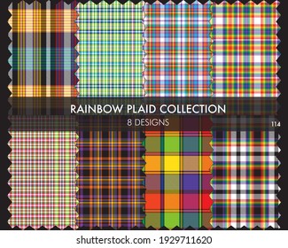 Rainbow Plaid tartan seamless pattern collection includes 8 designs suitable for fashion textiles and graphics