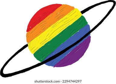 Rainbow  planet with ring  oil brush paint .LGBT  Pride month watercolor texture concept. vector
