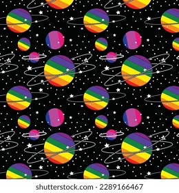 Rainbow Planets Seamless Vector Pattern, Isolated On Black Background, Pride Design With Stars, Good For Wrapping, Wallpaper, Fabric