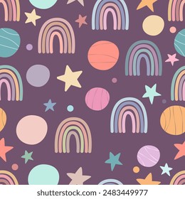Rainbow, planets, stars, seamless pattern