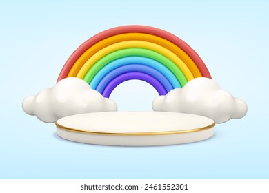 Rainbow podium vector 3d background. Cute children product display, platform and clouds baby sale banner