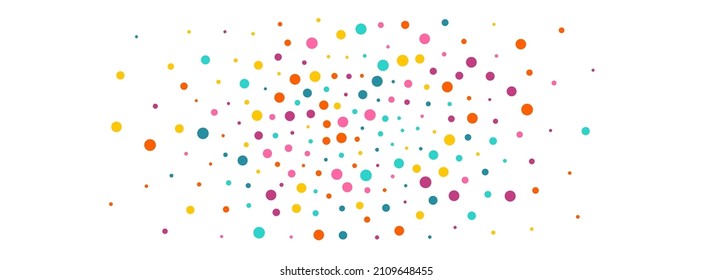 Rainbow Polka Christmas Vector Panoramic White Background. Decoration Rain Backdrop. Transparent Confetti Illustration. Bright Dot Invitation Postcard.