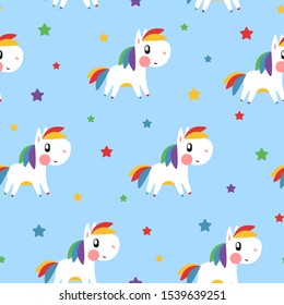 Rainbow pony and star pattern on blue background. Great for wallpaper, background, wrapping paper, fabric, packaging, greeting cards, invitations