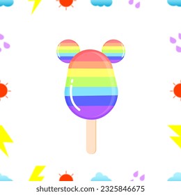 Rainbow popsicle in a bear shape with sky element, could, sun, thunder, rain drop. Vector illustration isolated on white background. Set of seamless repeat pattern of lolly in pride color celebration.