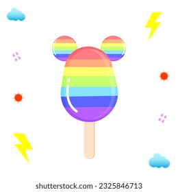 Rainbow popsicle in a bear shape with sky element, could, sun, thunder, rain drop. Vector illustration isolated on white background. Lolly in pride color celebration pride month. 