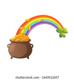 Rainbow with pot full of golden coins. Saint Patrick's Day vector holiday design element.