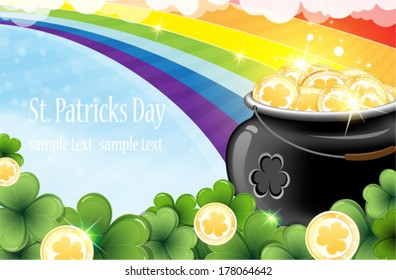  Rainbow and pot with gold coins on abstract spring background. St. Patrick's Day abstract background