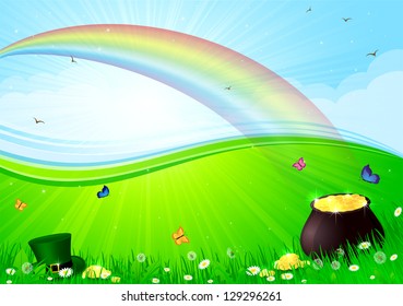 Rainbow, pot with gold and Leprechauns hat in a grass, illustration.